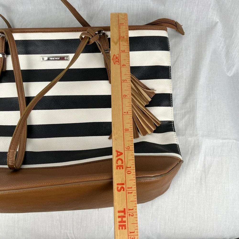 Nine West Tote Bag Black White Striped Faux‎ Leather Tassels Brown Trim